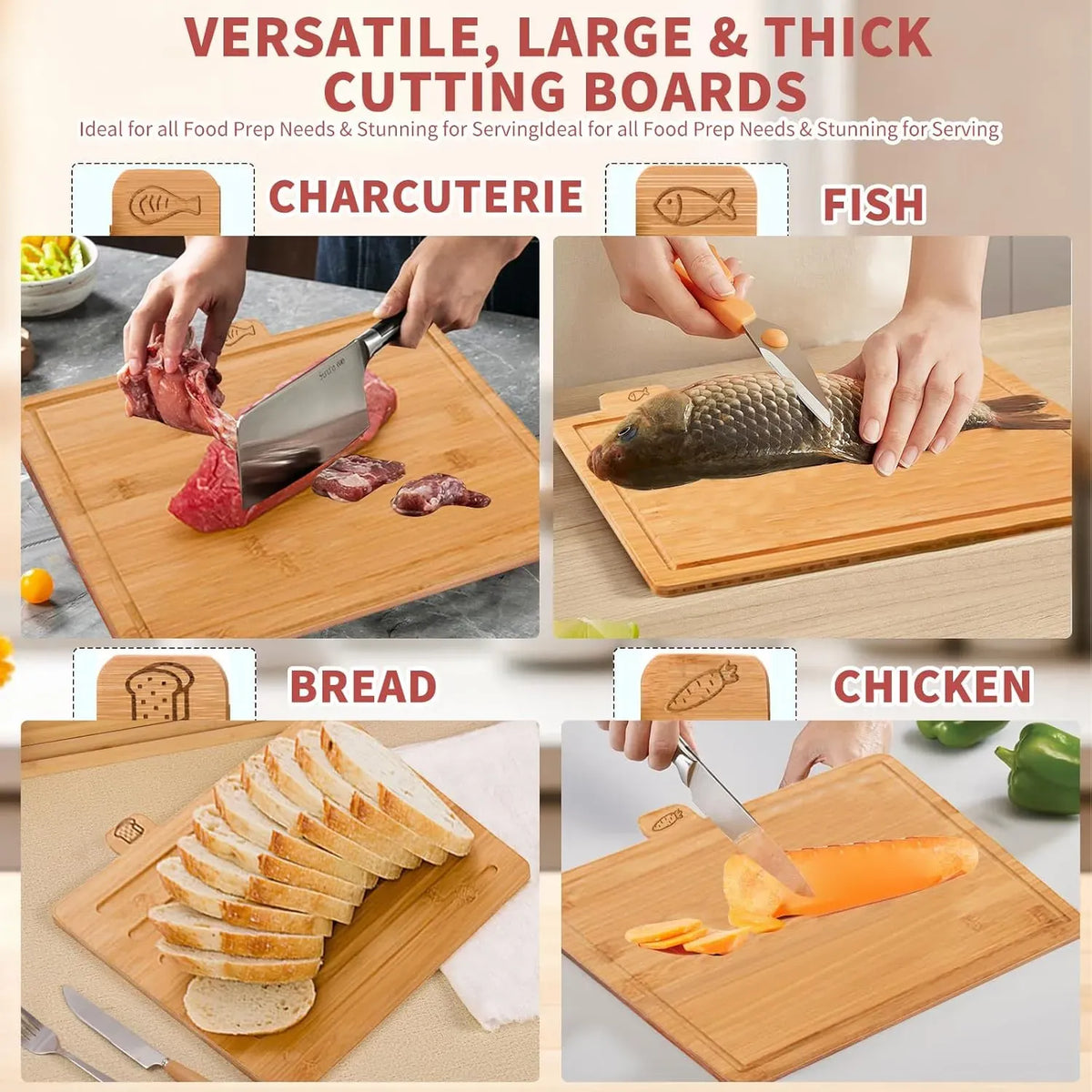 Bamboo Cutting Board Set with Stand, 4 Pieces - Natural