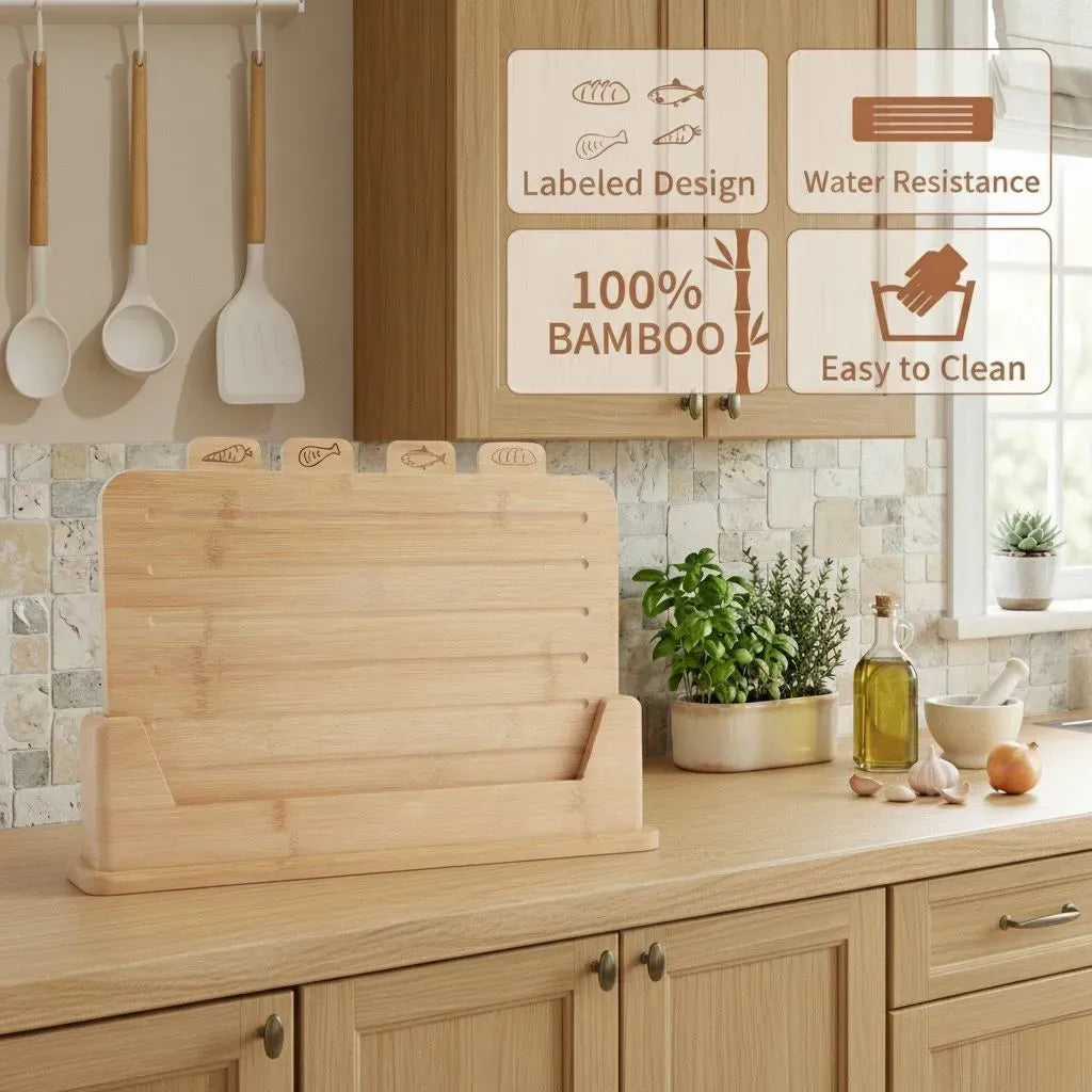 Bamboo Cutting Board Set with Stand, 4 Pieces - Natural