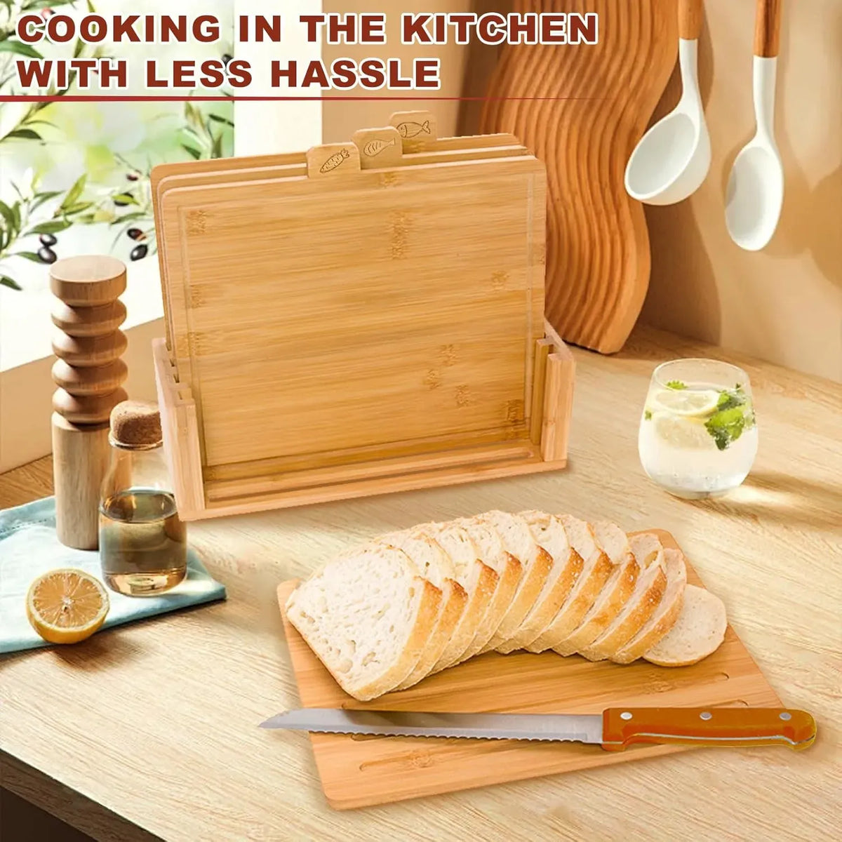 Bamboo Cutting Board Set with Stand, 4 Pieces - Natural