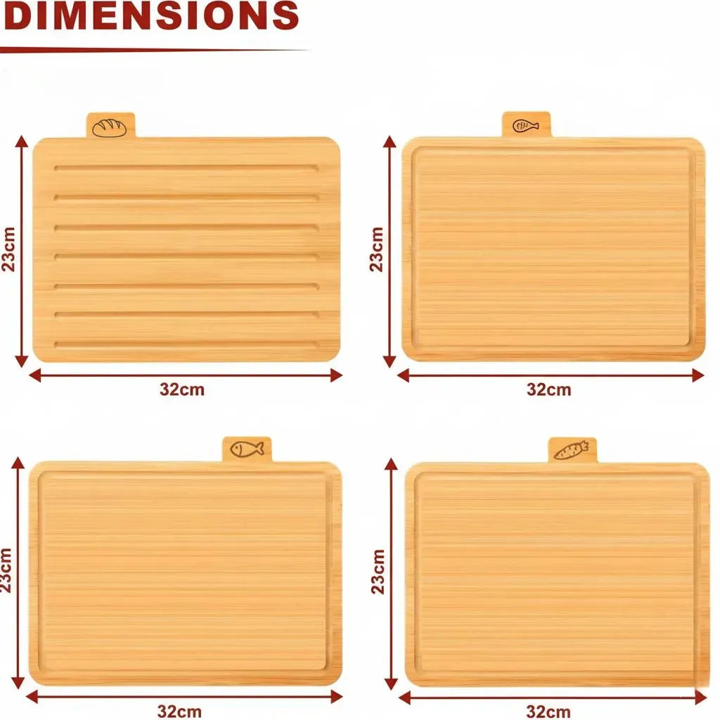Bamboo Cutting Board Set with Stand, 4 Pieces - Natural