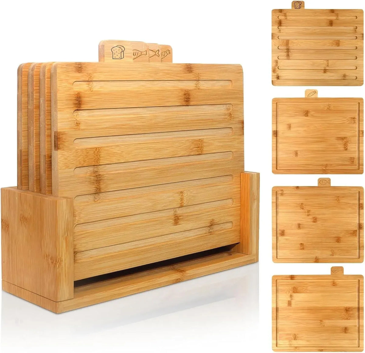 Bamboo Cutting Board Set with Stand, 4 Pieces - Natural