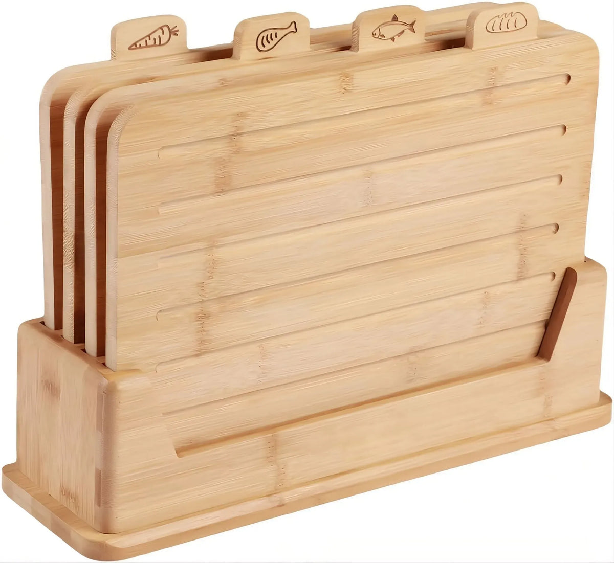 Bamboo Cutting Board Set with Stand, 4 Pieces - Natural