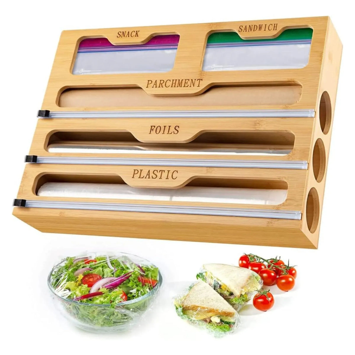 Bamboo 5-in-1 Kitchen Wrap Organiser with Cutter - Natural