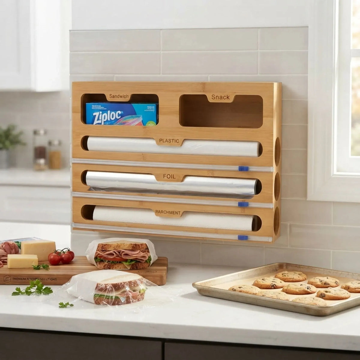 Bamboo 5-in-1 Kitchen Wrap Organiser with Cutter - Natural