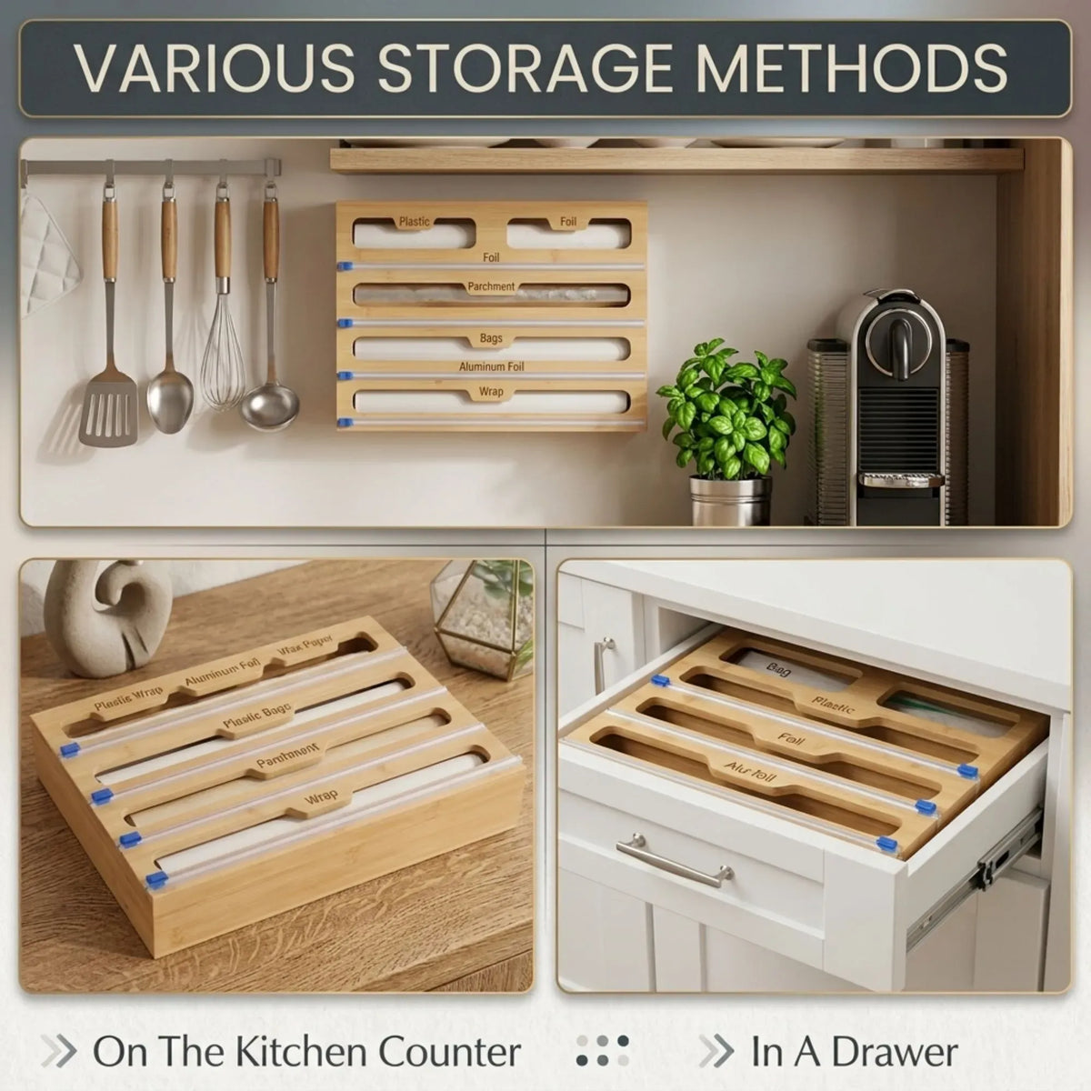 Bamboo 5-in-1 Kitchen Wrap Organiser with Cutter - Natural