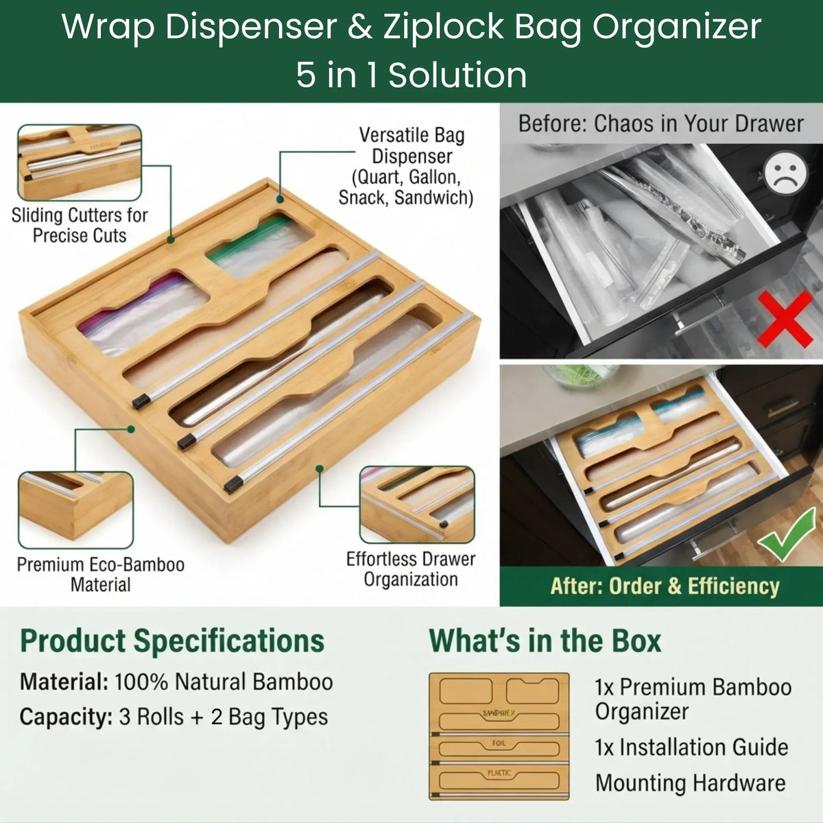Bamboo 5-in-1 Kitchen Wrap Organiser with Cutter - Natural