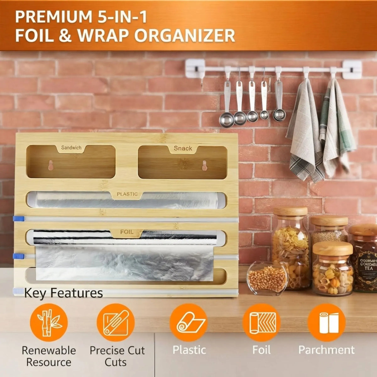 Bamboo 5-in-1 Kitchen Wrap Organiser with Cutter - Natural