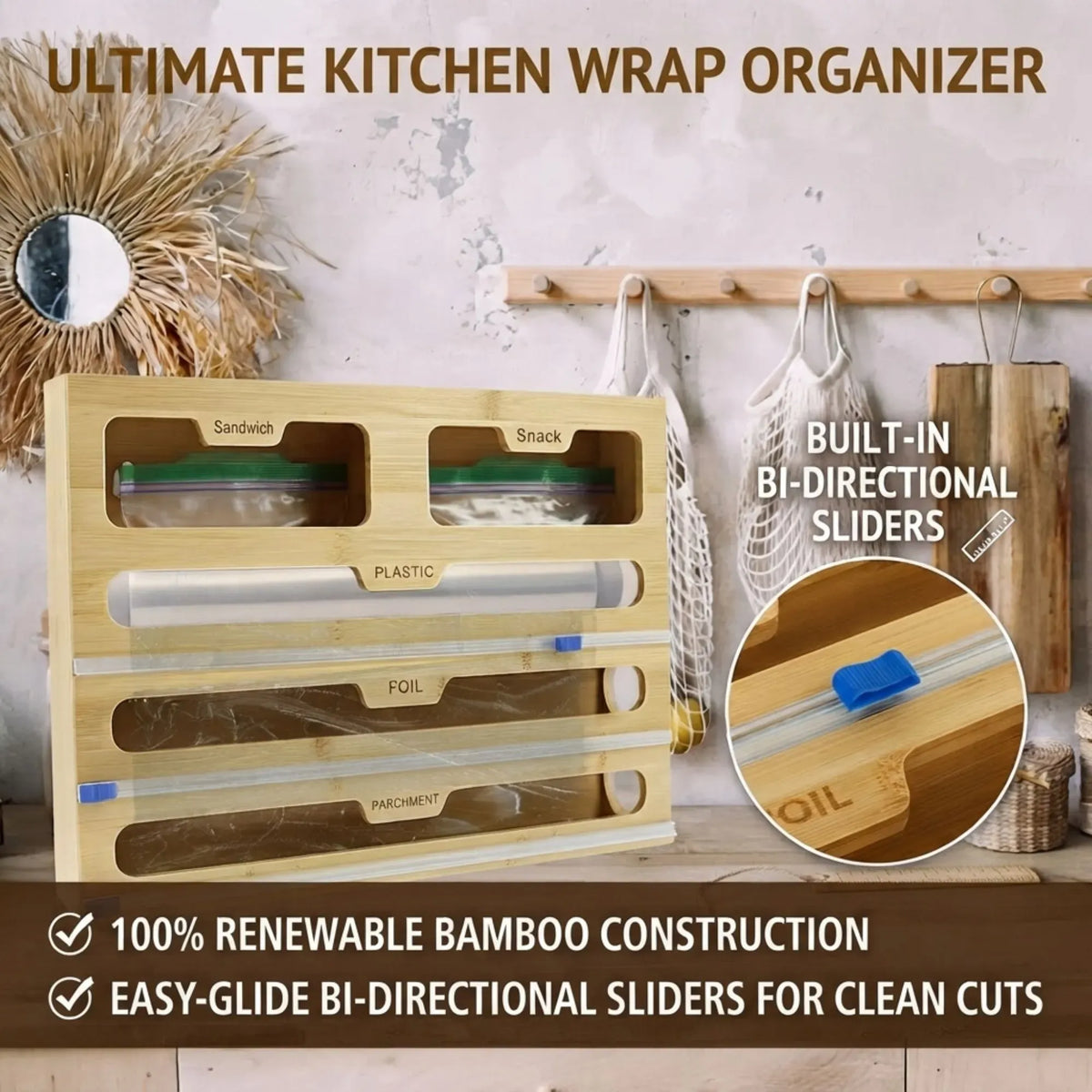 Bamboo 5-in-1 Kitchen Wrap Organiser with Cutter - Natural