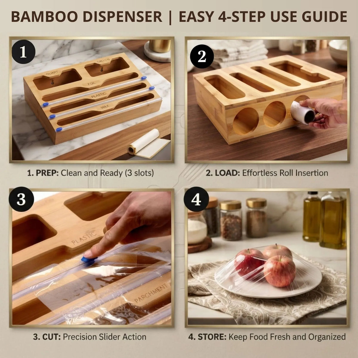 Bamboo 5-in-1 Kitchen Wrap Organiser with Cutter - Natural