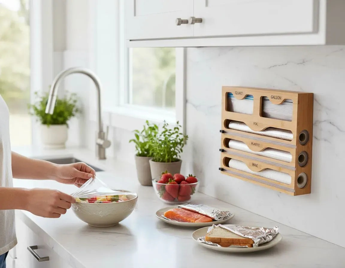 Bamboo 5-in-1 Kitchen Wrap Organiser with Cutter - Natural