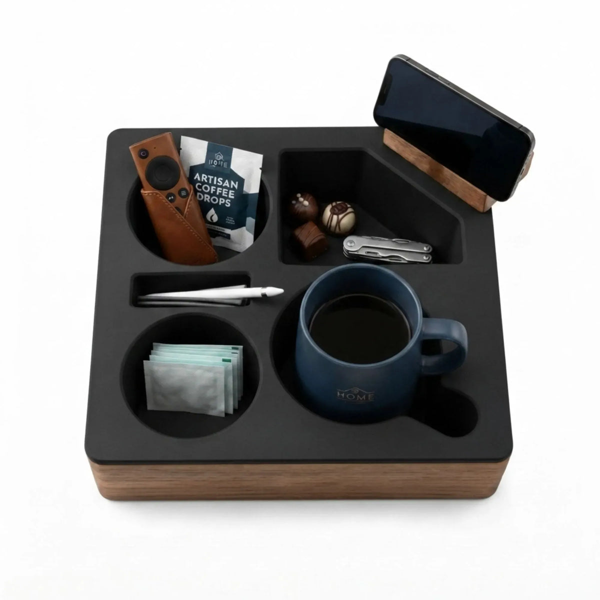 Wooden Couch Cup Holder Tray with Silicone Insert and Phone Stand 25cm - Natural