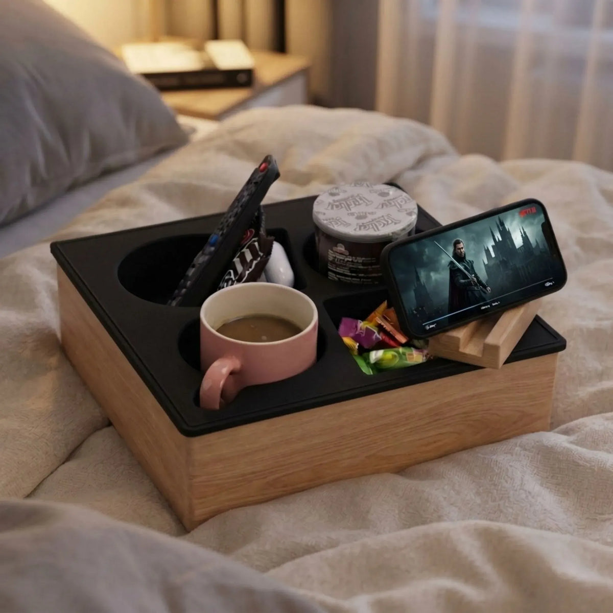 Wooden Couch Cup Holder Tray with Silicone Insert and Phone Stand 25cm - Natural