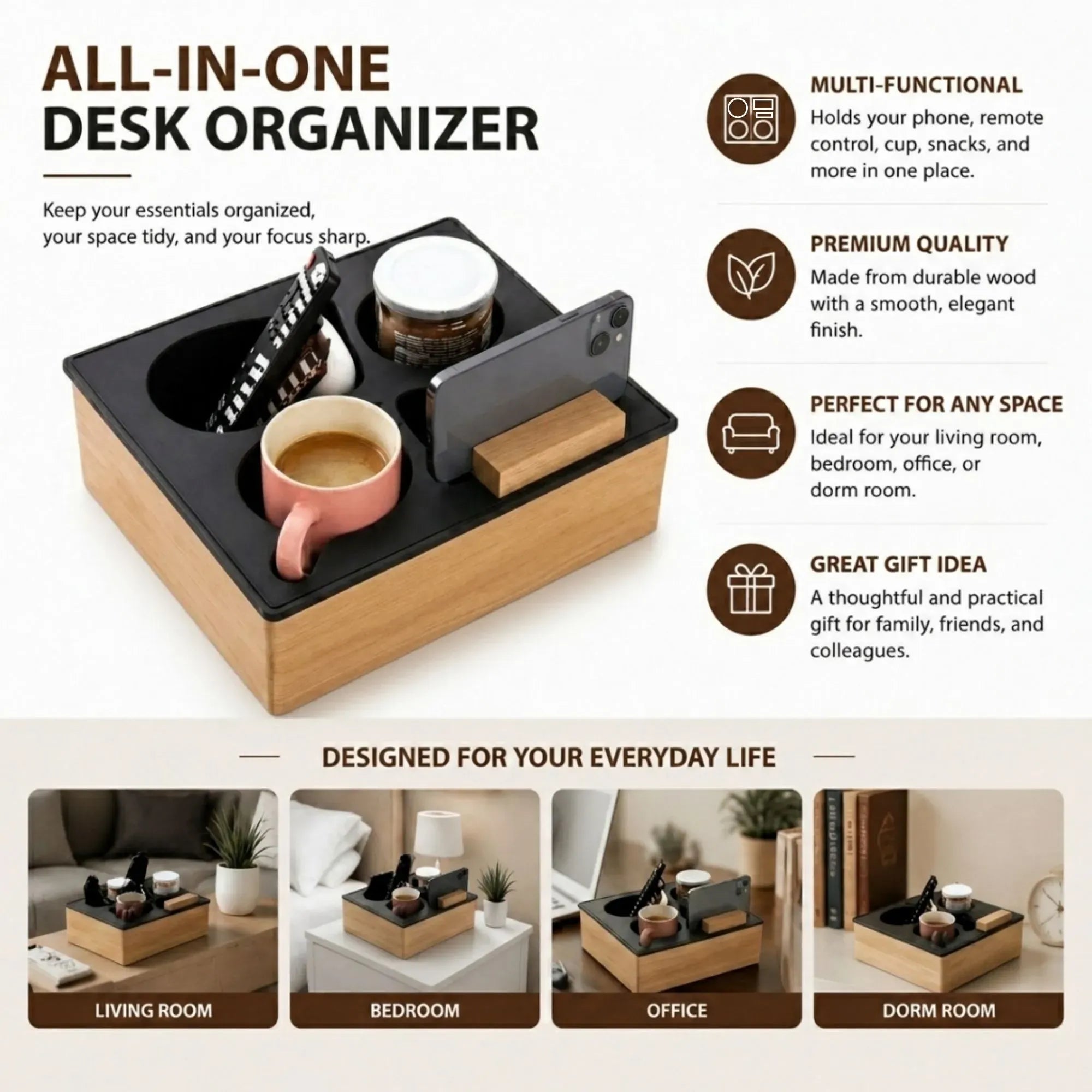 Wooden Couch Cup Holder Tray with Silicone Insert and Phone Stand 25cm - Natural