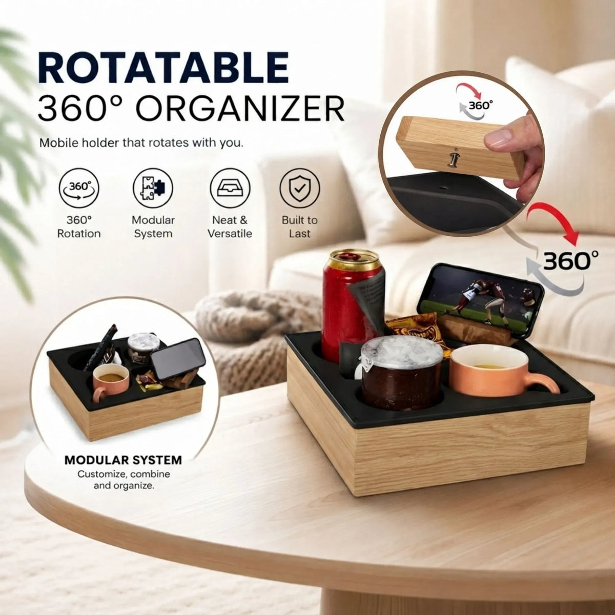 Wooden Couch Cup Holder Tray with Silicone Insert and Phone Stand 25cm - Natural