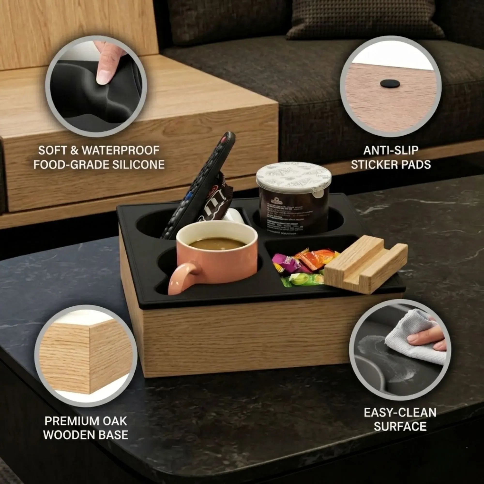 Wooden Couch Cup Holder Tray with Silicone Insert and Phone Stand 25cm - Natural