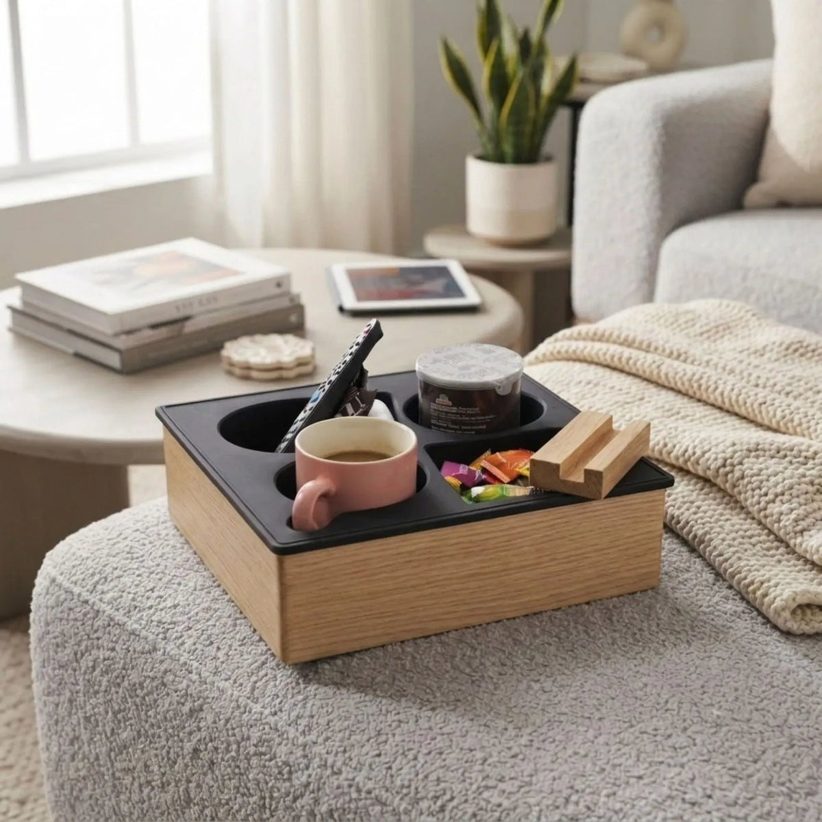 Wooden Couch Cup Holder Tray with Silicone Insert and Phone Stand 25cm - Natural