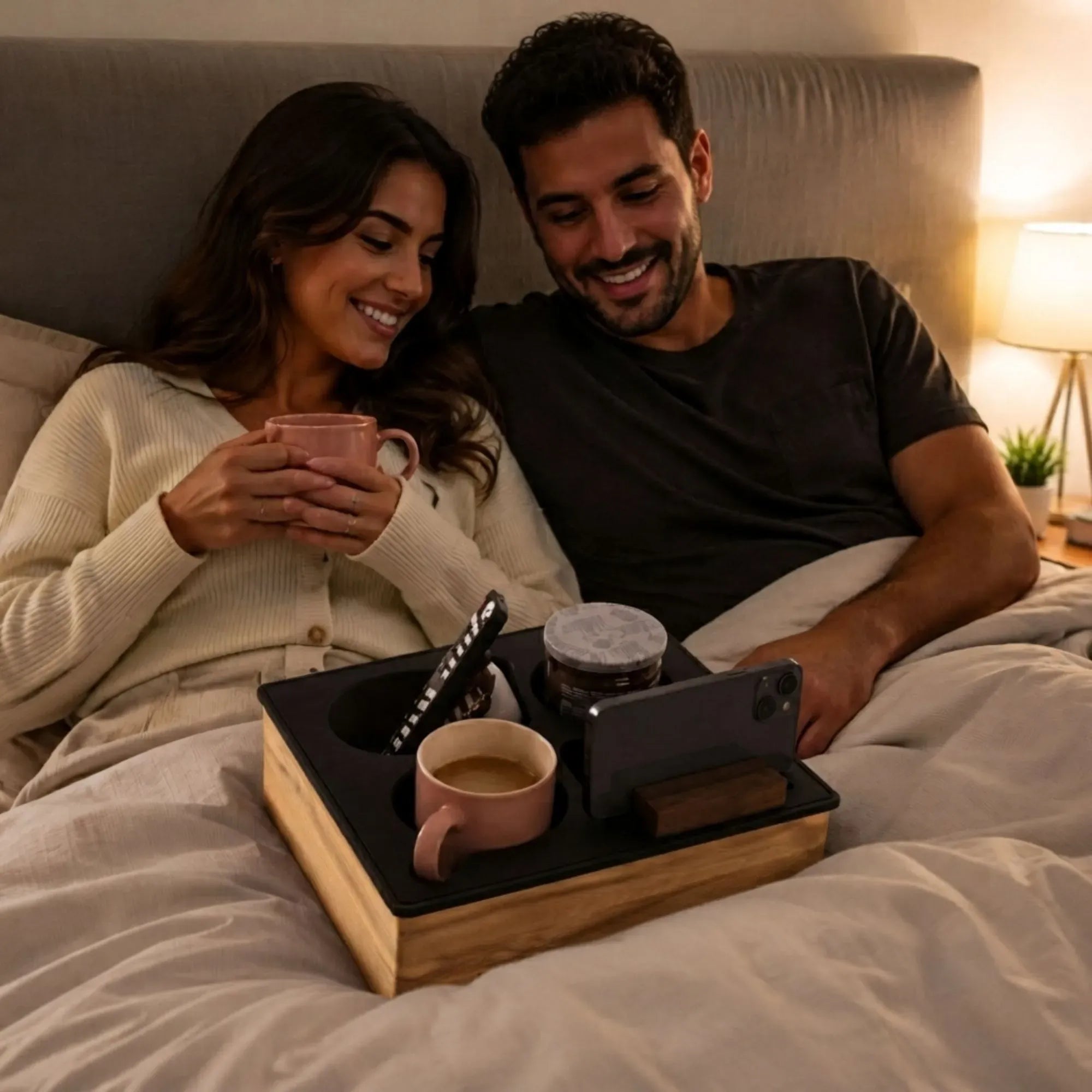 Wooden Couch Cup Holder Tray with Silicone Insert and Phone Stand 25cm - Natural