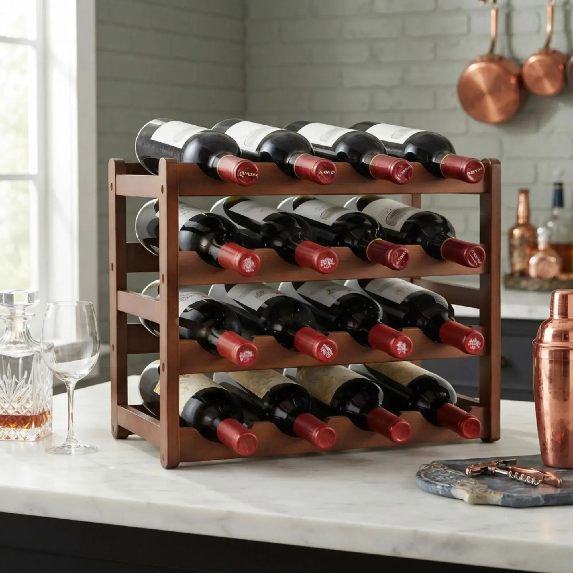 4 Tier Wooden Wine Rack 16 Bottle Storage - Brown