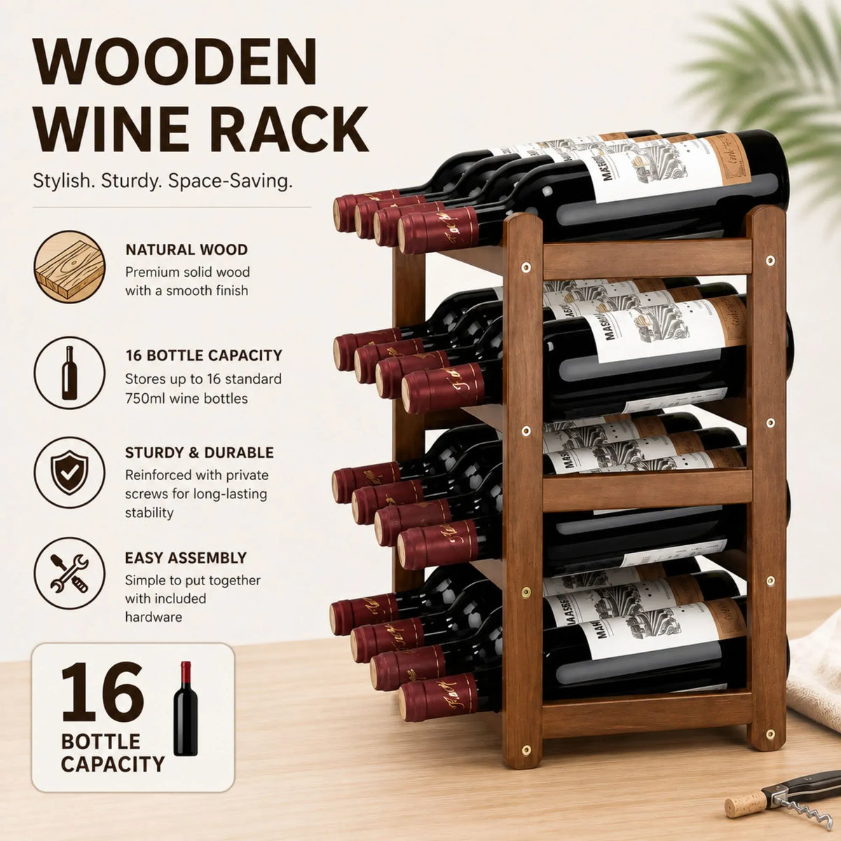 4 Tier Wooden Wine Rack 16 Bottle Storage - Brown