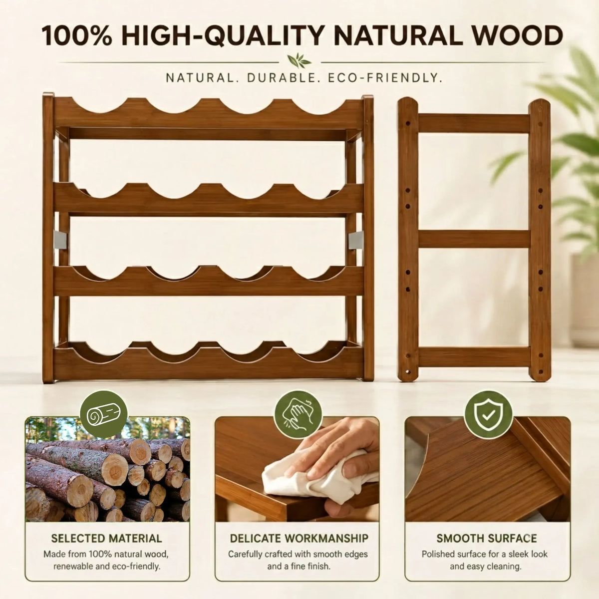 4 Tier Wooden Wine Rack 16 Bottle Storage - Brown