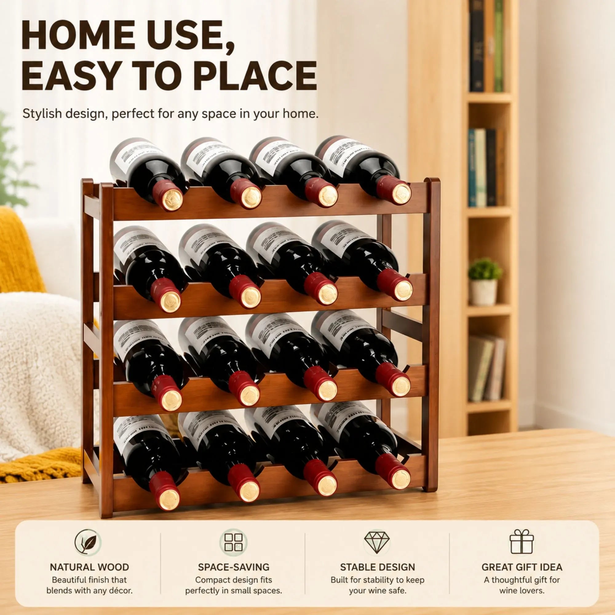 4 Tier Wooden Wine Rack 16 Bottle Storage - Brown