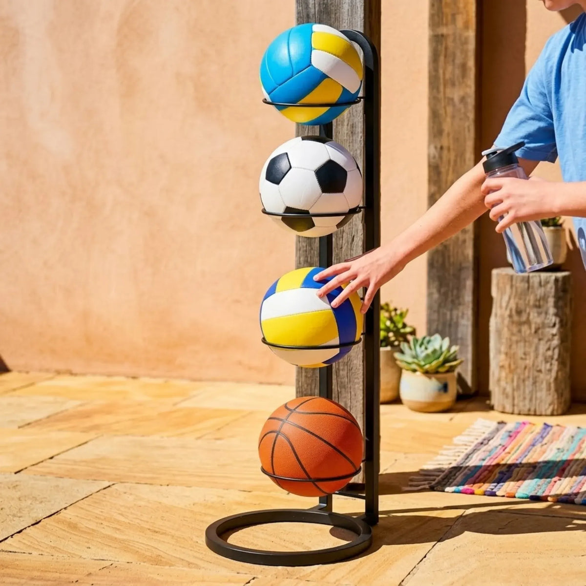 4 Tier Vertical Ball Storage Rack Metal Stand for Basketballs and Sports Balls - Black