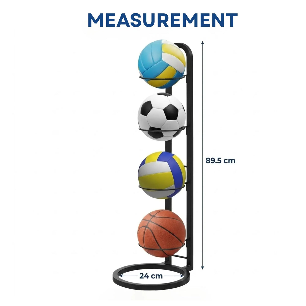 4 Tier Vertical Ball Storage Rack Metal Stand for Basketballs and Sports Balls - Black