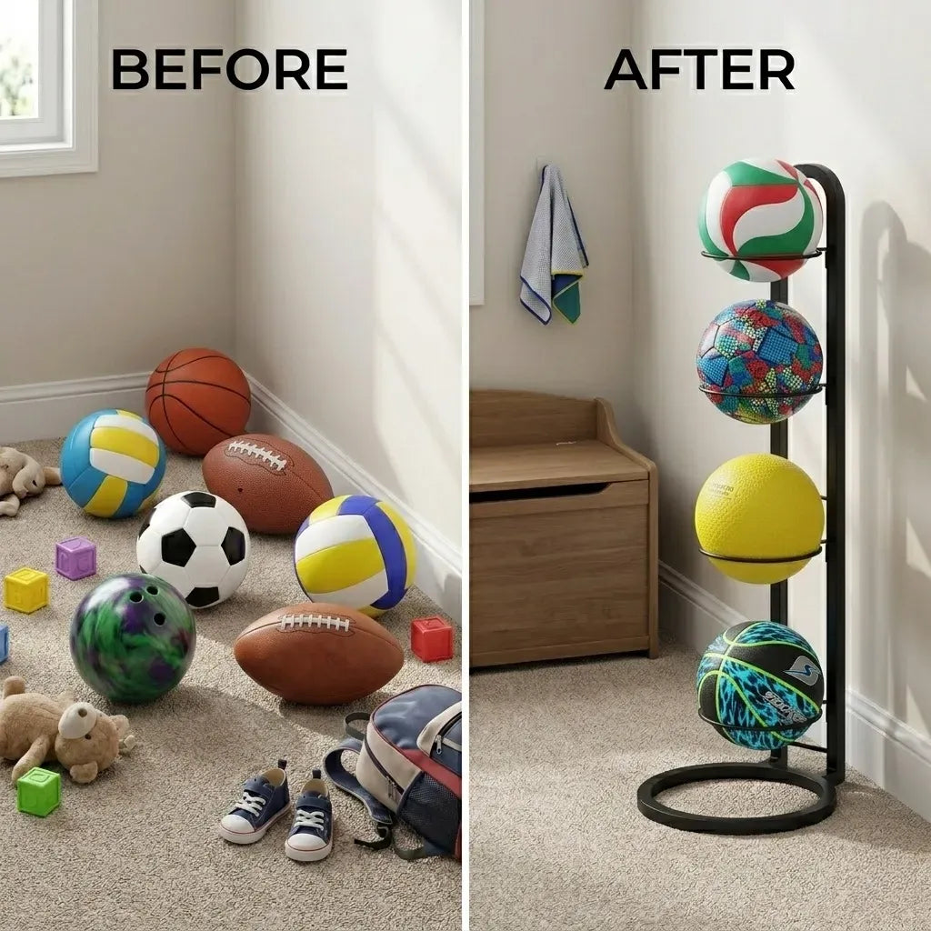 4 Tier Vertical Ball Storage Rack Metal Stand for Basketballs and Sports Balls - Black