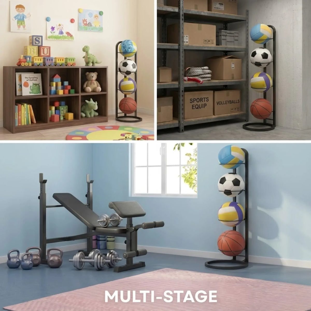4 Tier Vertical Ball Storage Rack Metal Stand for Basketballs and Sports Balls - Black