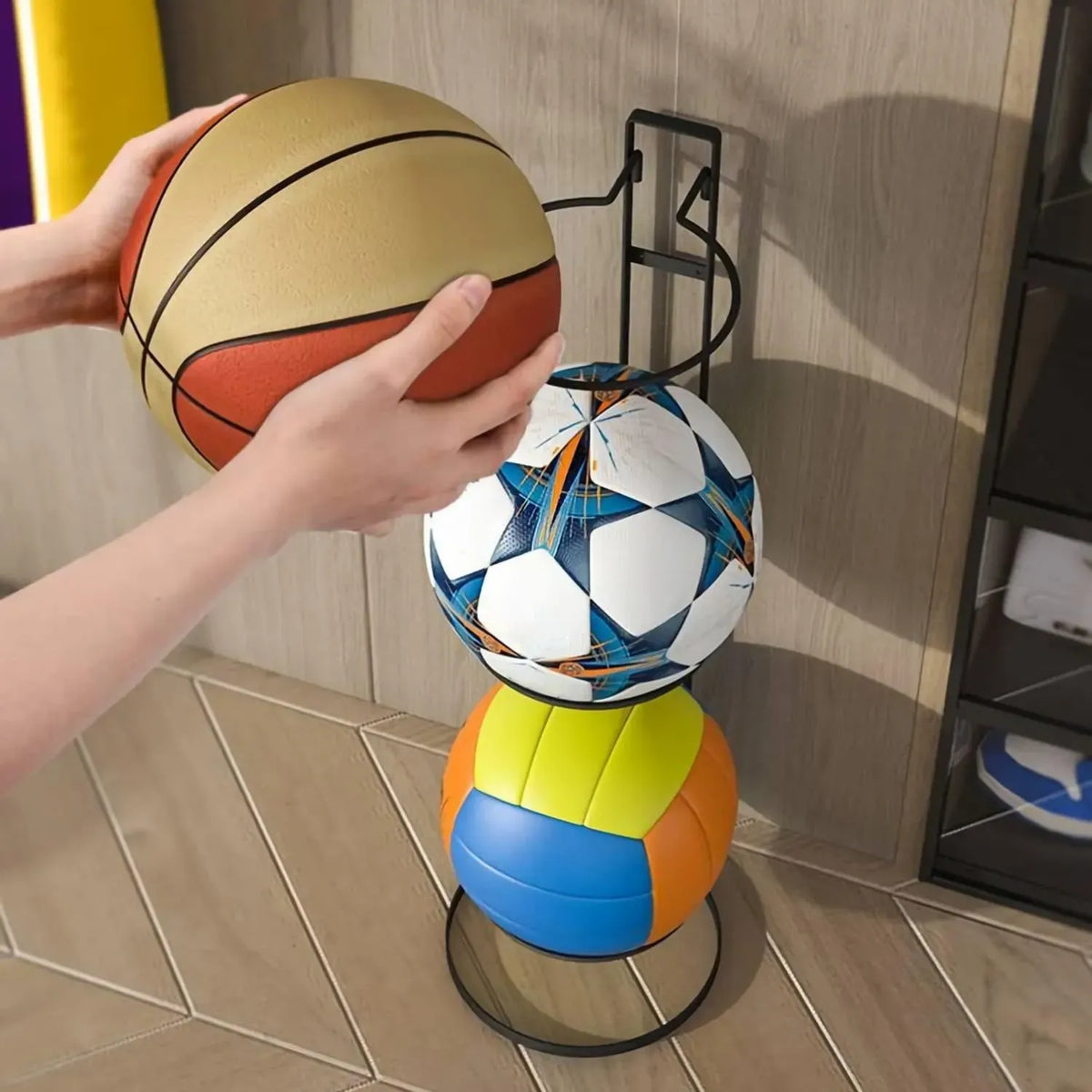 4 Tier Vertical Ball Storage Rack Metal Stand for Basketballs and Sports Balls - Black