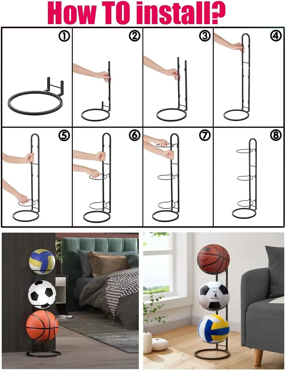 4 Tier Vertical Ball Storage Rack Metal Stand for Basketballs and Sports Balls - Black