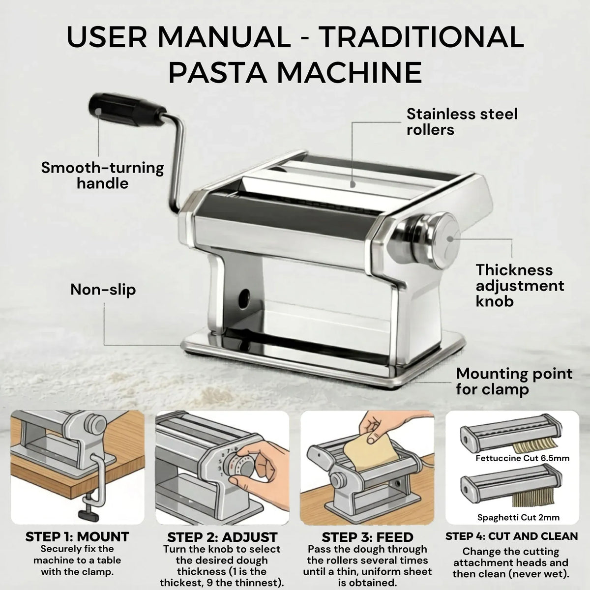Hand Crank Pasta Maker Machine for Noodles and Pasta Sheets - Grey