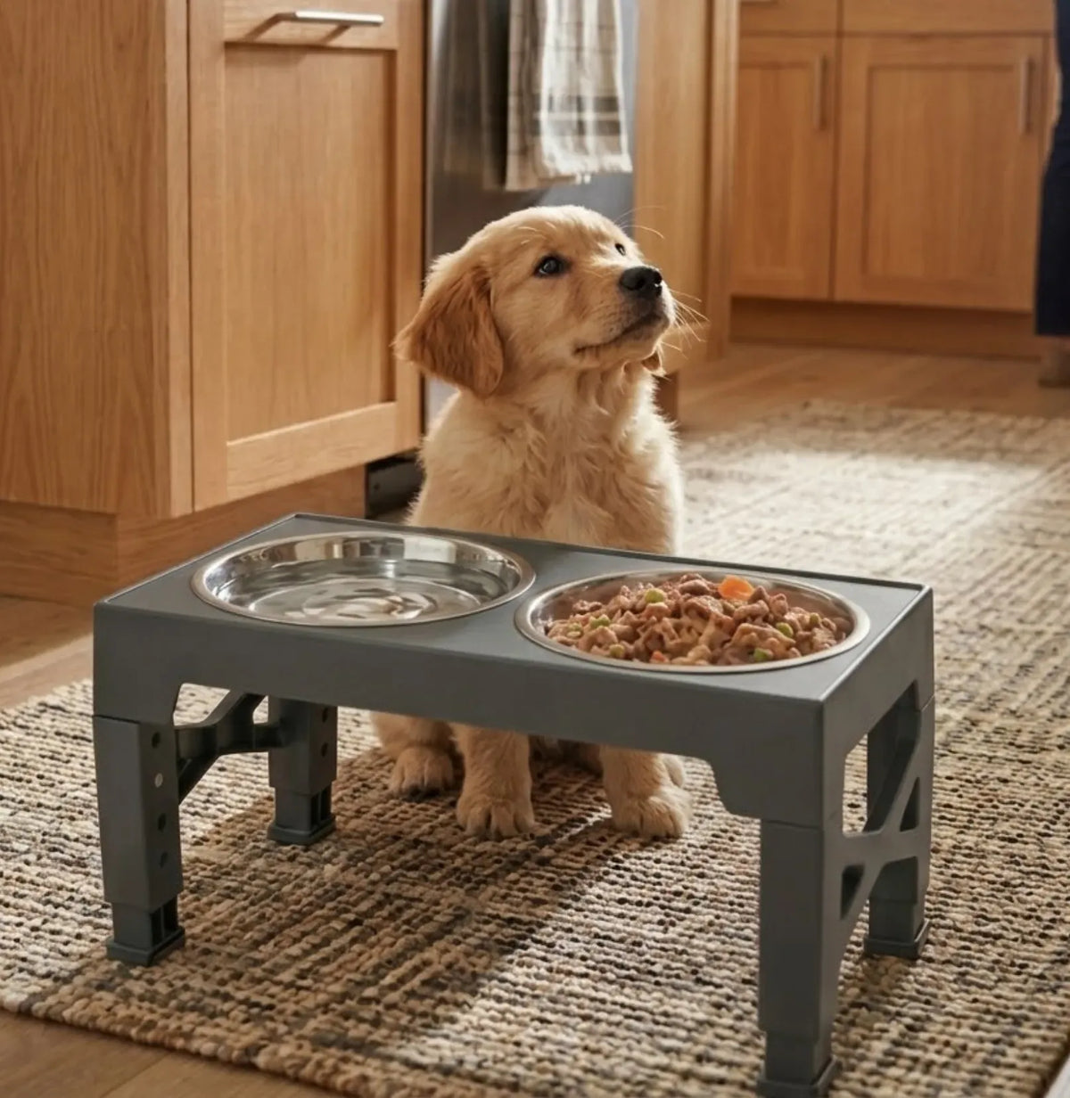 Raised Adjustable Dog Bowl Stand with 2 Stainless Steel Bowls - Black