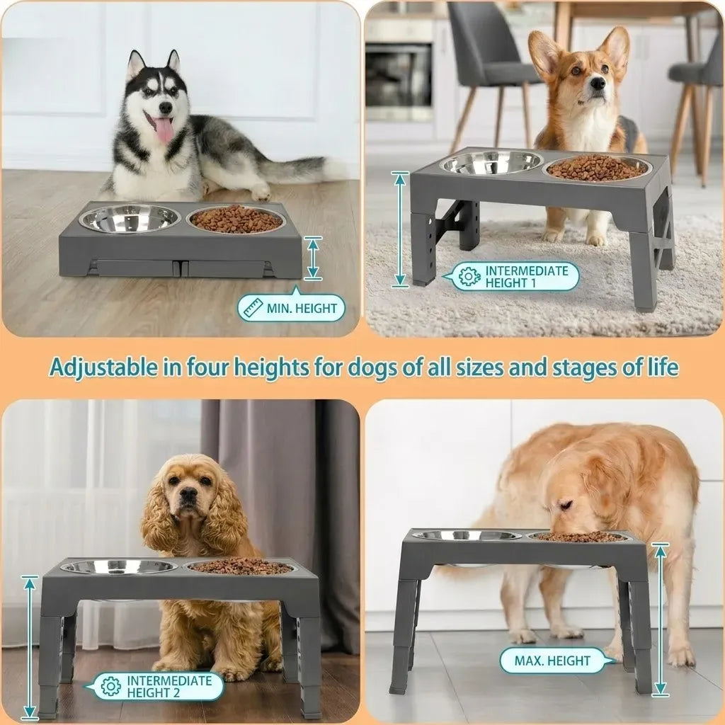 Raised Adjustable Dog Bowl Stand with 2 Stainless Steel Bowls - Black
