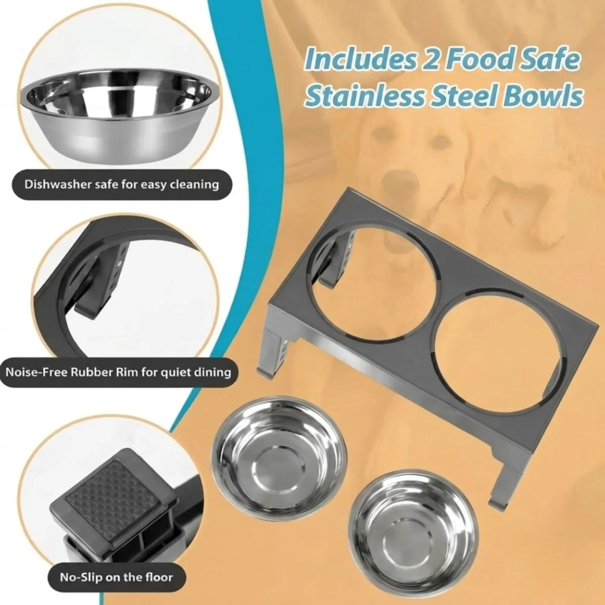 Raised Adjustable Dog Bowl Stand with 2 Stainless Steel Bowls - Black