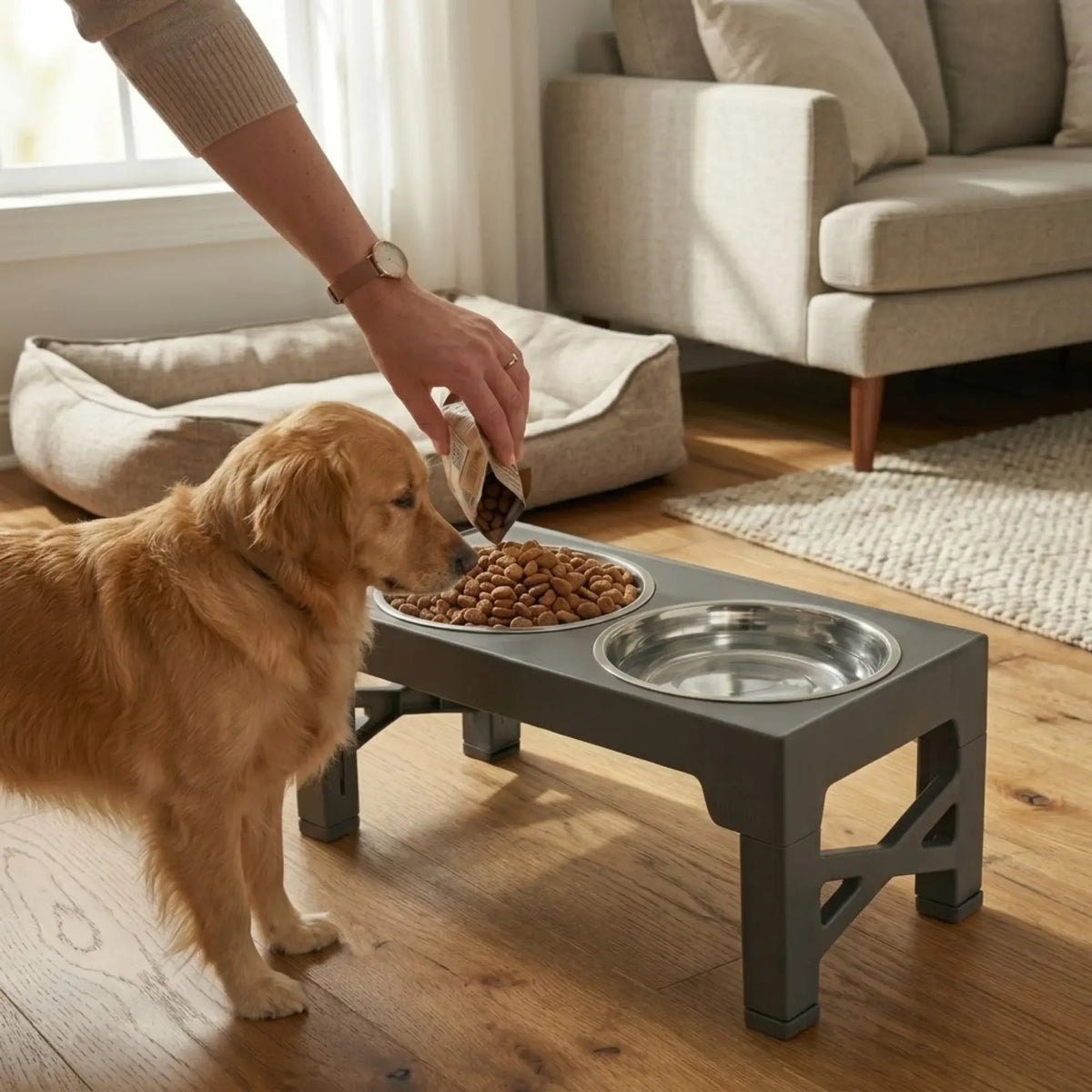 Raised Adjustable Dog Bowl Stand with 2 Stainless Steel Bowls - Black