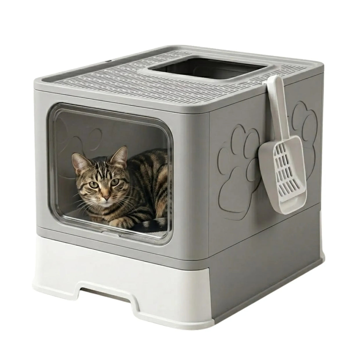 Foldable Enclosed Cat Litter Box with Scoop and Front Door - Grey