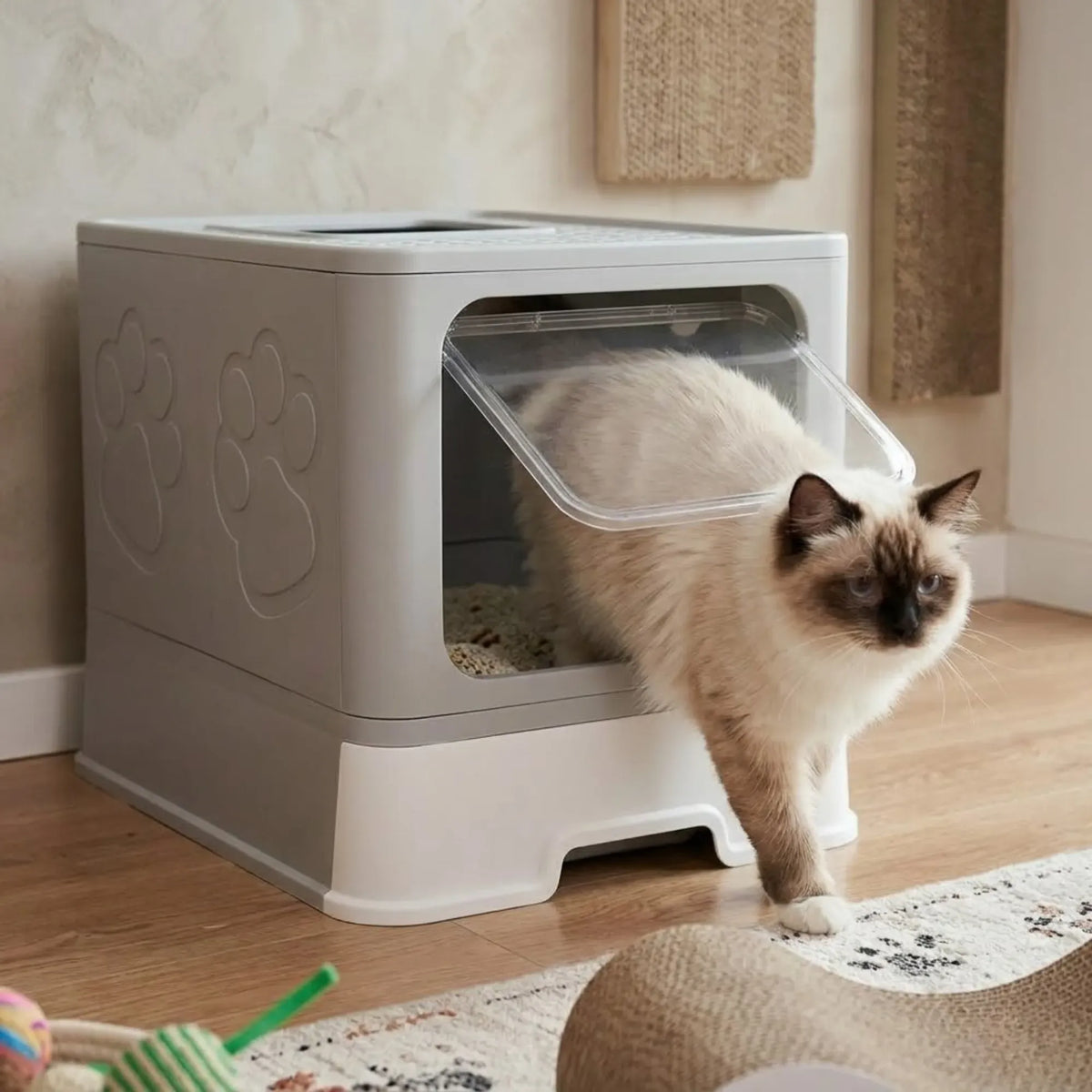 Foldable Enclosed Cat Litter Box with Scoop and Front Door - Grey
