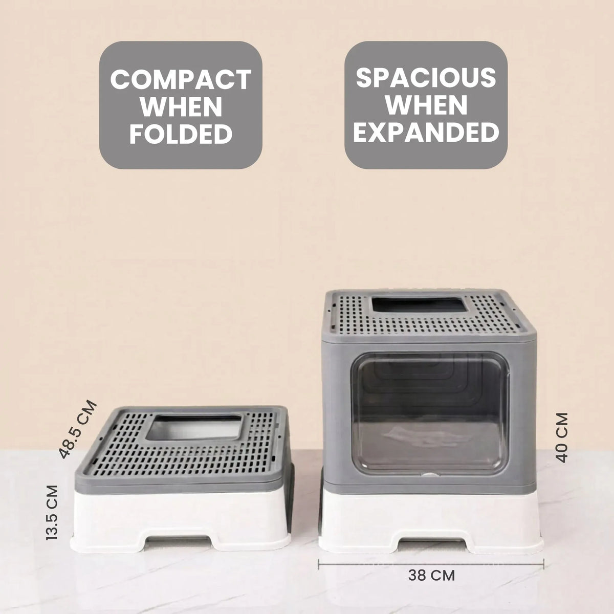 Foldable Enclosed Cat Litter Box with Scoop and Front Door - Grey