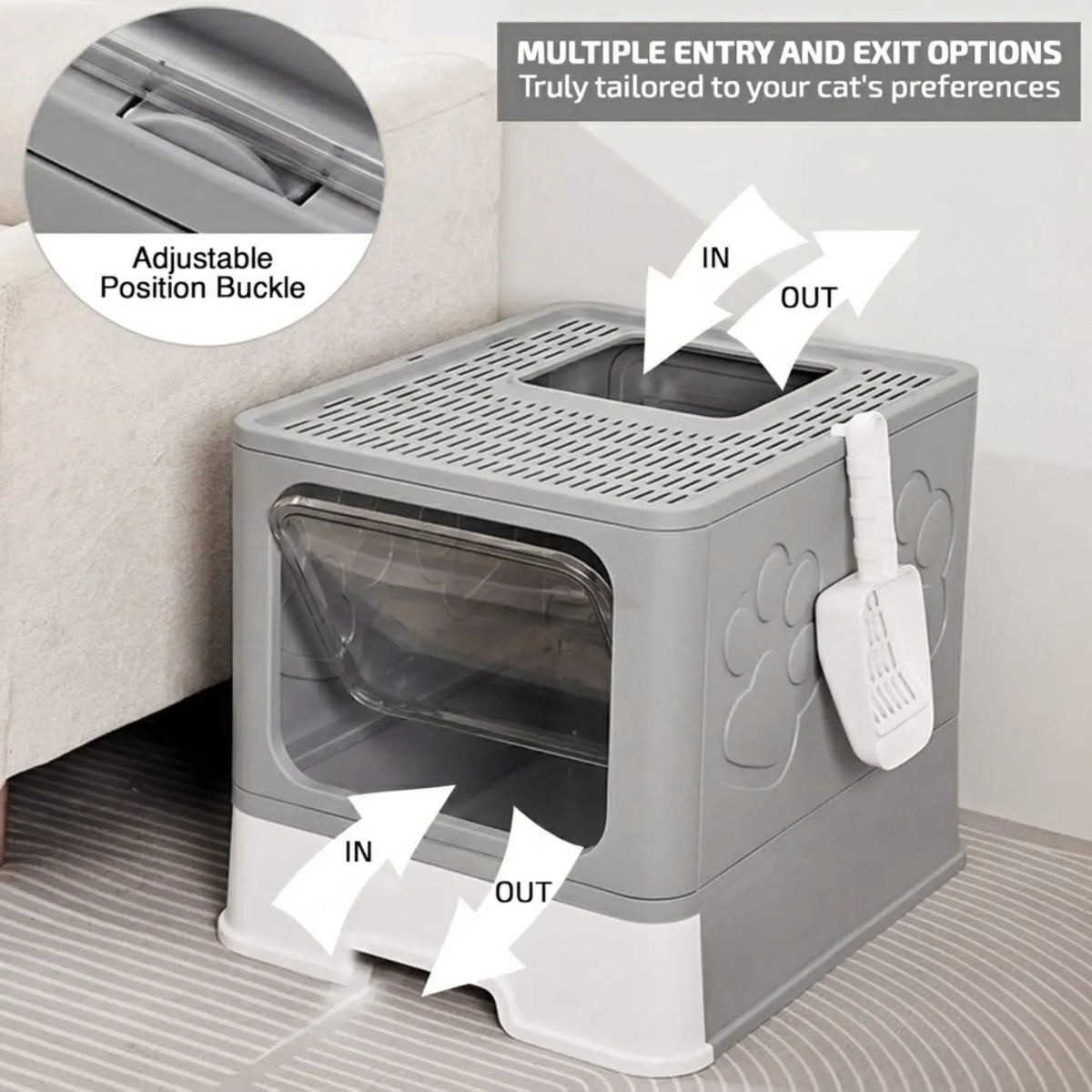 Foldable Enclosed Cat Litter Box with Scoop and Front Door - Grey
