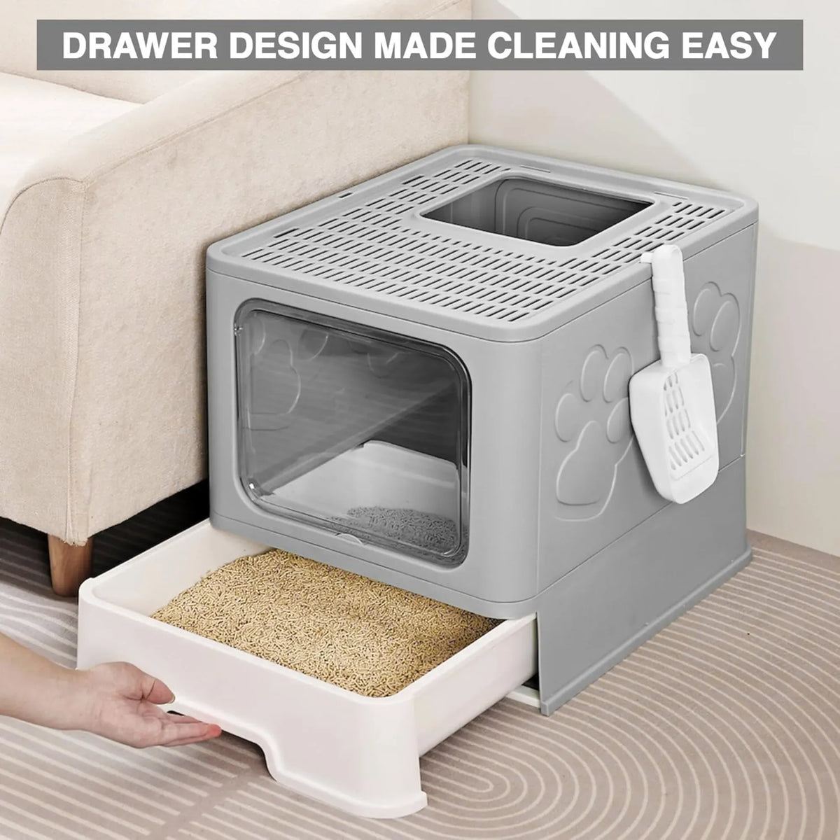 Foldable Enclosed Cat Litter Box with Scoop and Front Door - Grey