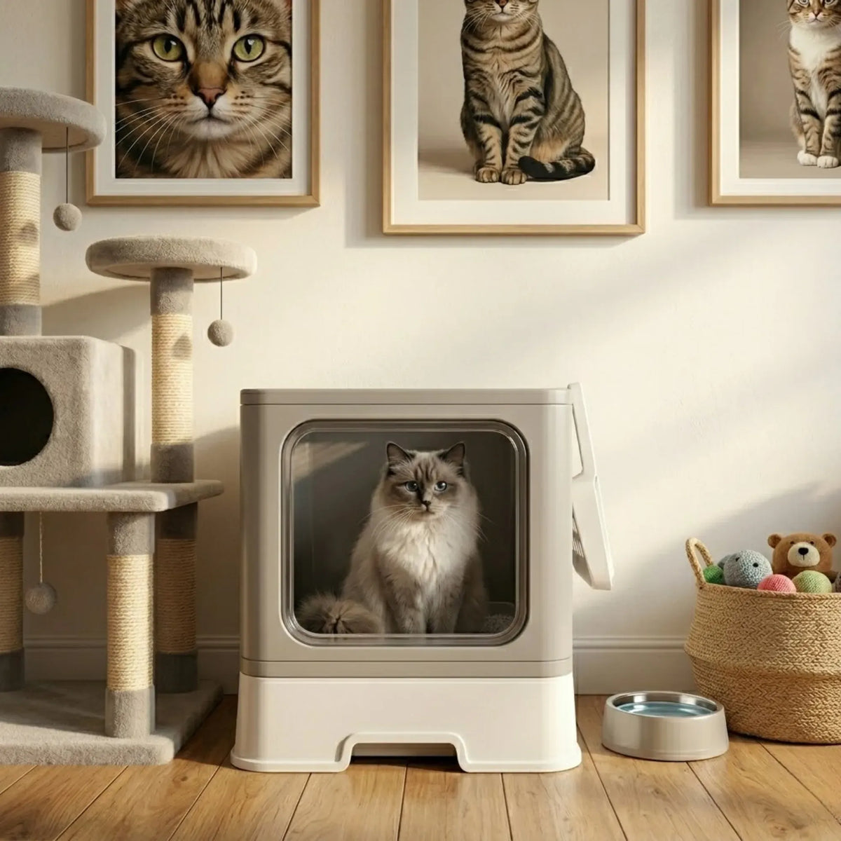 Foldable Enclosed Cat Litter Box with Scoop and Front Door - Grey