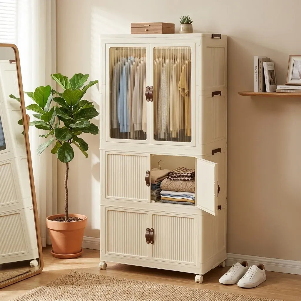 3-Tier Foldable Wardrobe Cabinet with Wheels and Semi-Transparent Doors - White