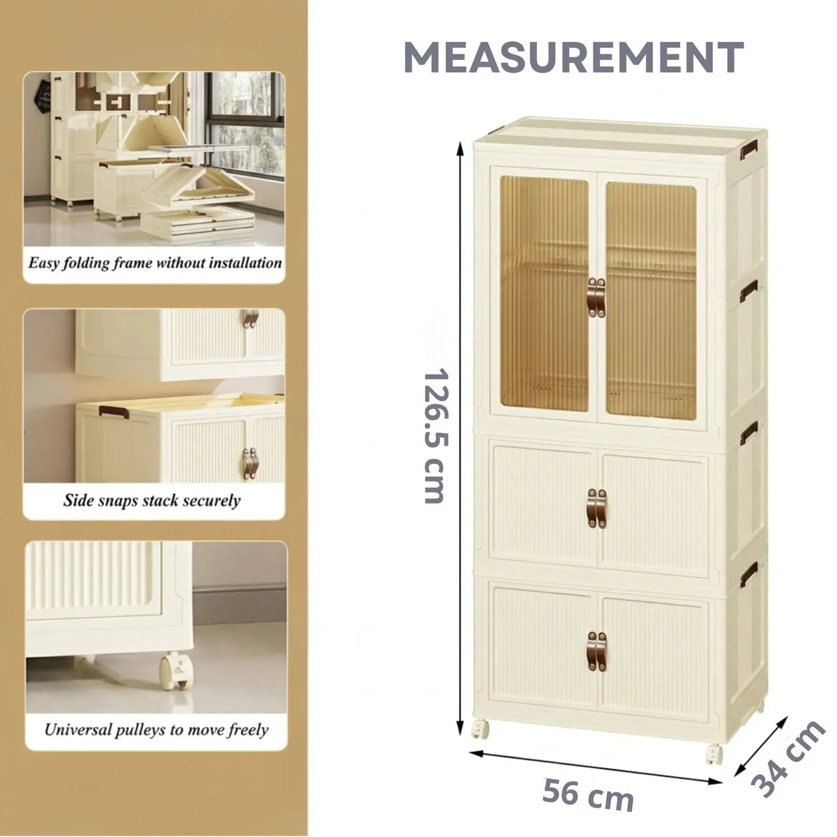 3-Tier Foldable Wardrobe Cabinet with Wheels and Semi-Transparent Doors - White