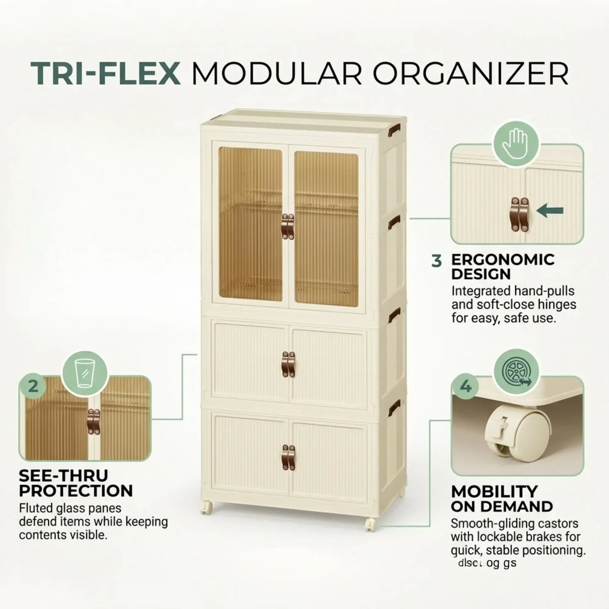 3-Tier Foldable Wardrobe Cabinet with Wheels and Semi-Transparent Doors - White
