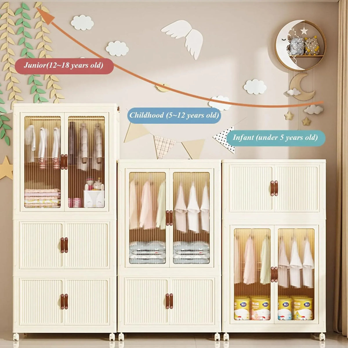 3-Tier Foldable Wardrobe Cabinet with Wheels and Semi-Transparent Doors - White