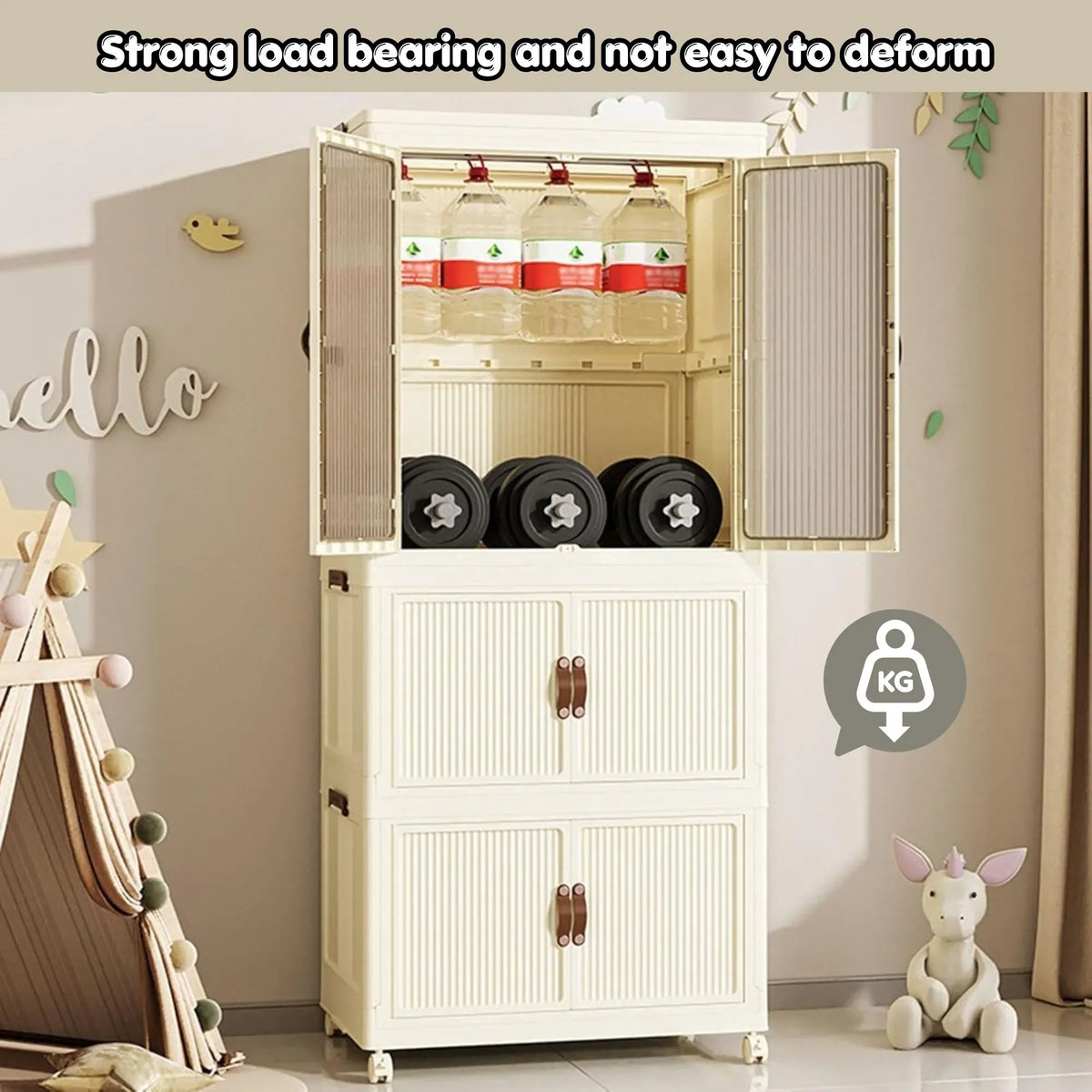 3-Tier Foldable Wardrobe Cabinet with Wheels and Semi-Transparent Doors - White