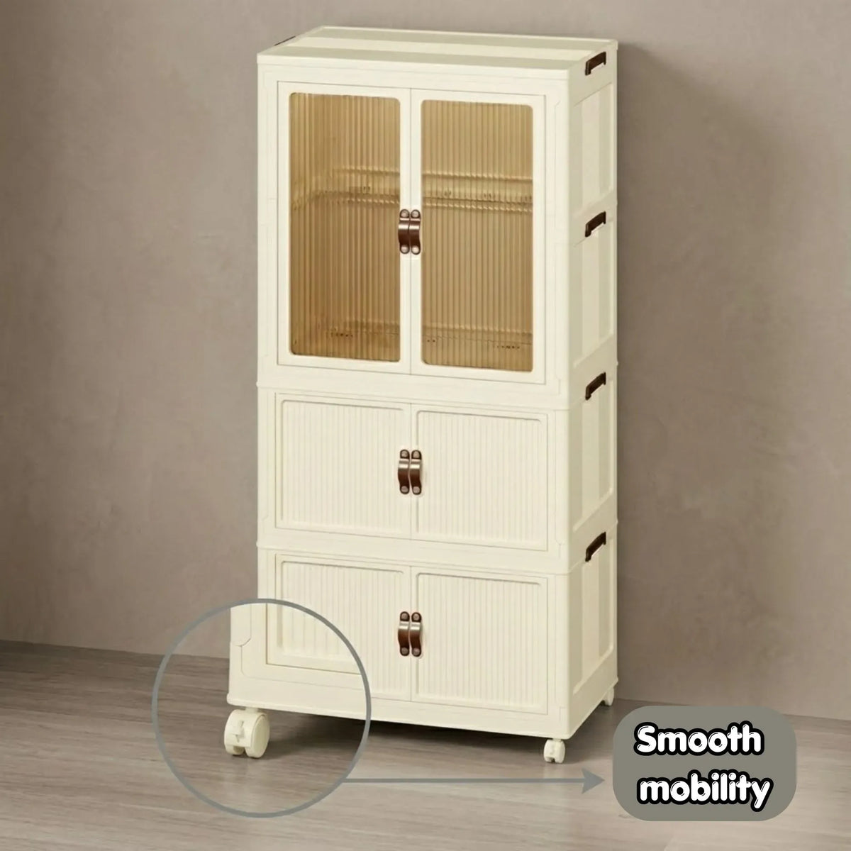 3-Tier Foldable Wardrobe Cabinet with Wheels and Semi-Transparent Doors - White