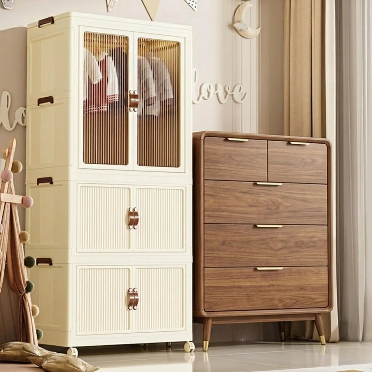 3-Tier Foldable Wardrobe Cabinet with Wheels and Semi-Transparent Doors - White