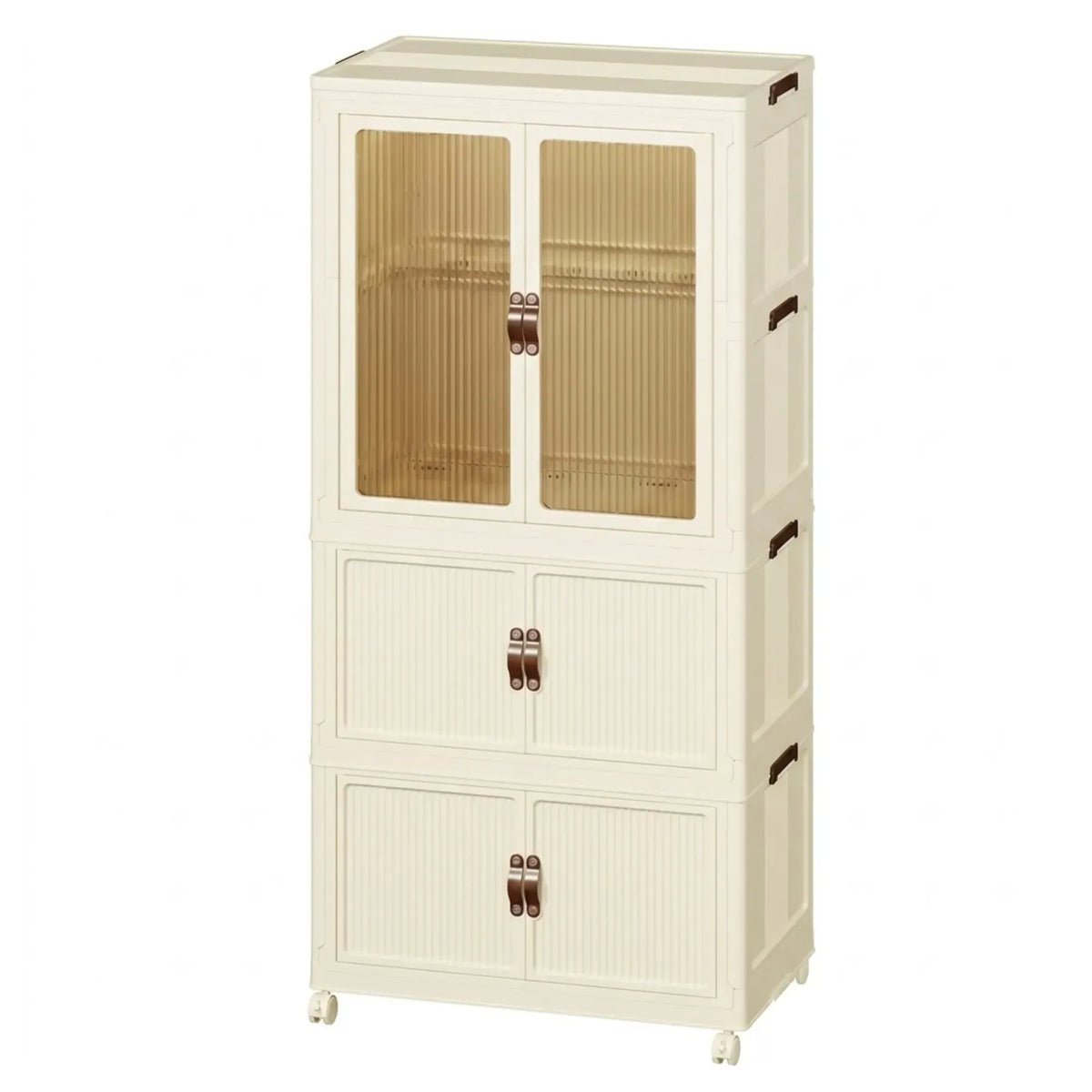 3-Tier Foldable Wardrobe Cabinet with Wheels and Semi-Transparent Doors - White